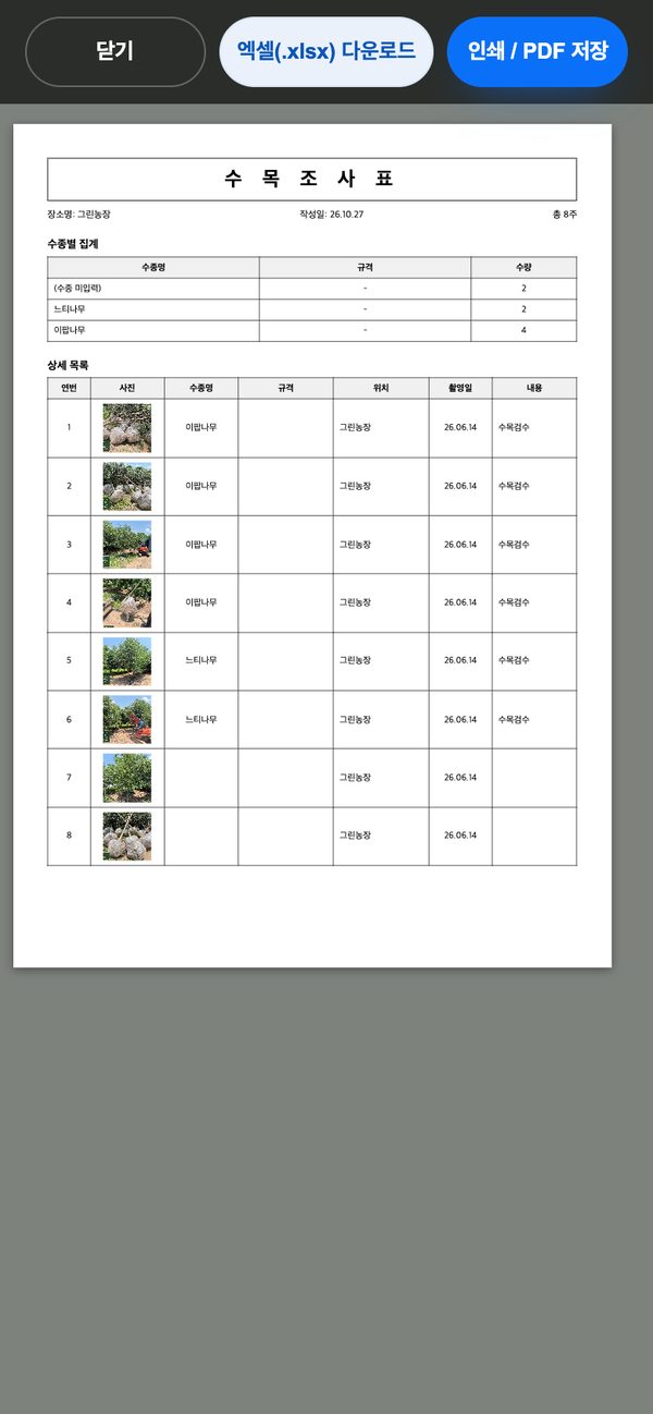 수목 조사표 — 수종별 집계와 상세 목록